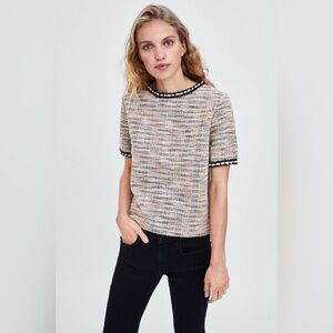 Zara Multicolor Short Sleeve Tweed Top
